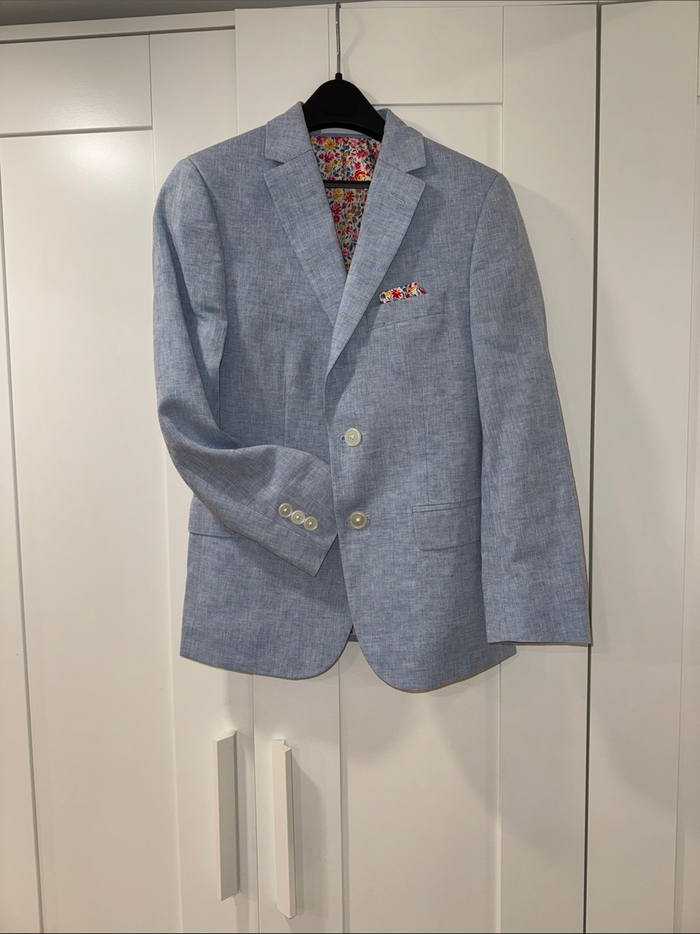 TALLIA Light Blue Boys' Linen-Blend Blazer with Floral Pocket Square